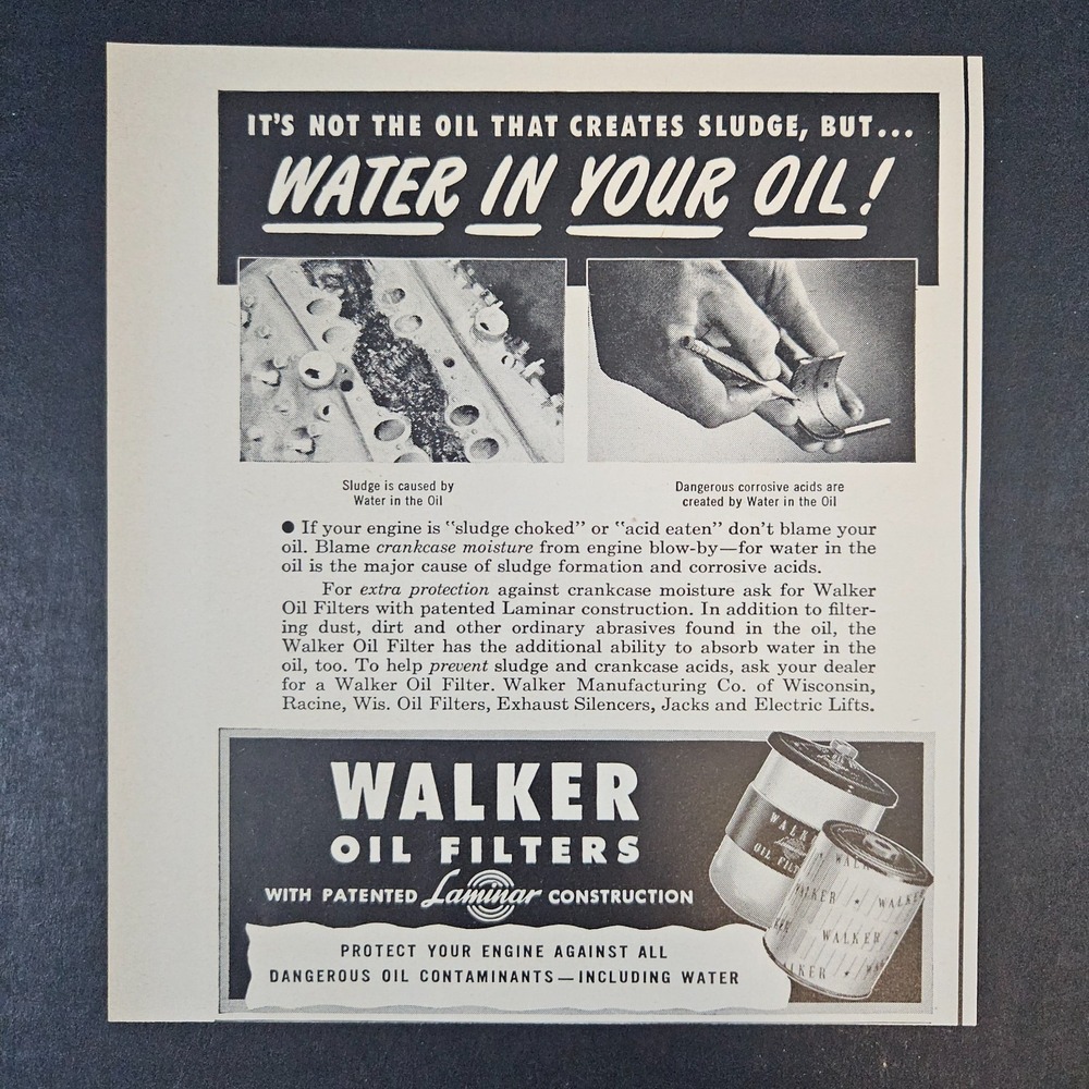 1951 Walker Mfg Co Oil Filters Laminar Construction Vintage Print Ad Racine WI